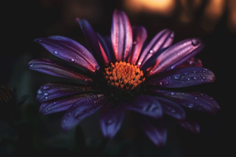 Dark purple flower petals covered in clear water droplets surround a bright orange center in a macro close-up shot.
