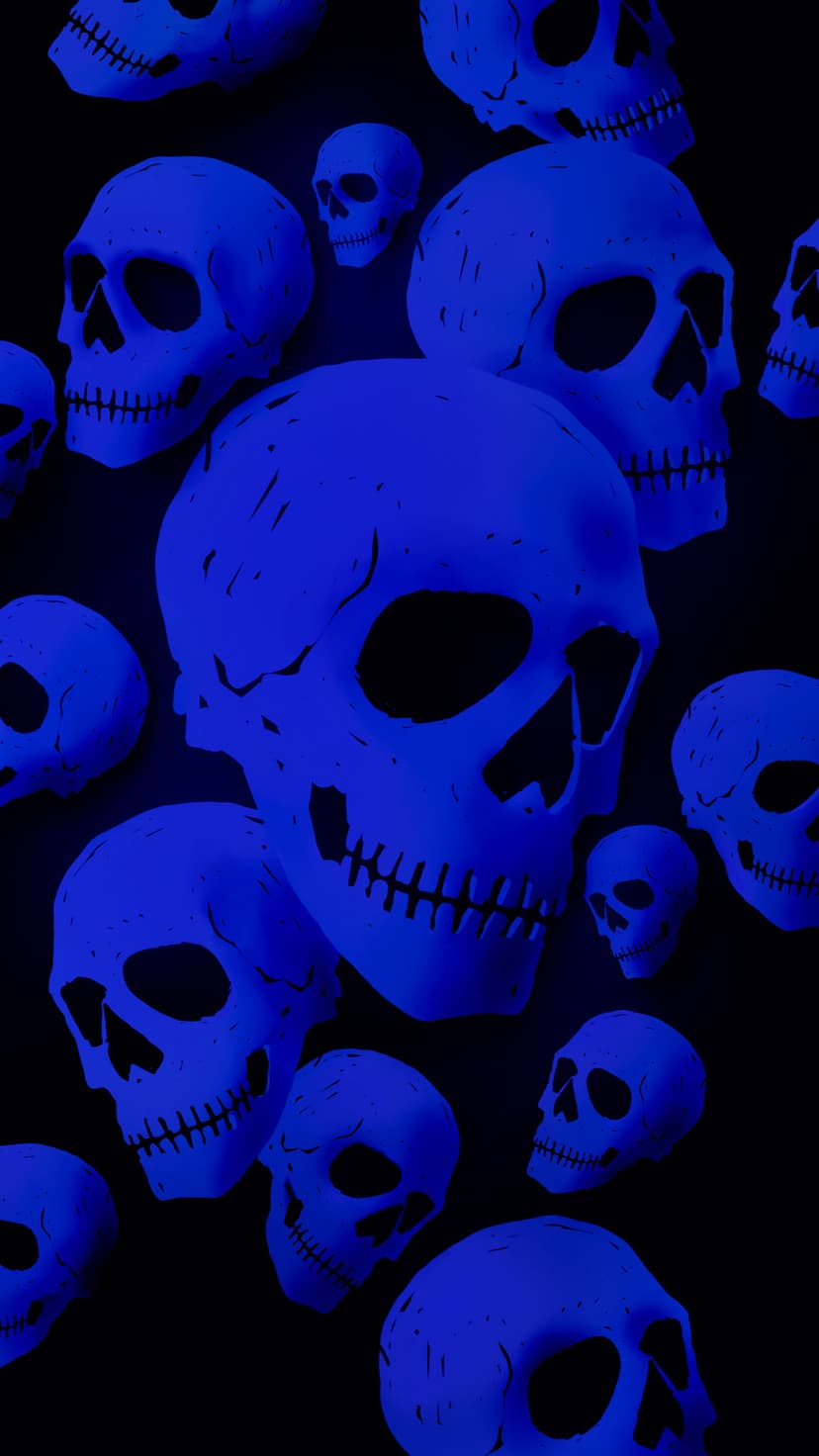 Luminous blue skulls of varying sizes float through a dark void with glowing light reflecting off their surfaces.