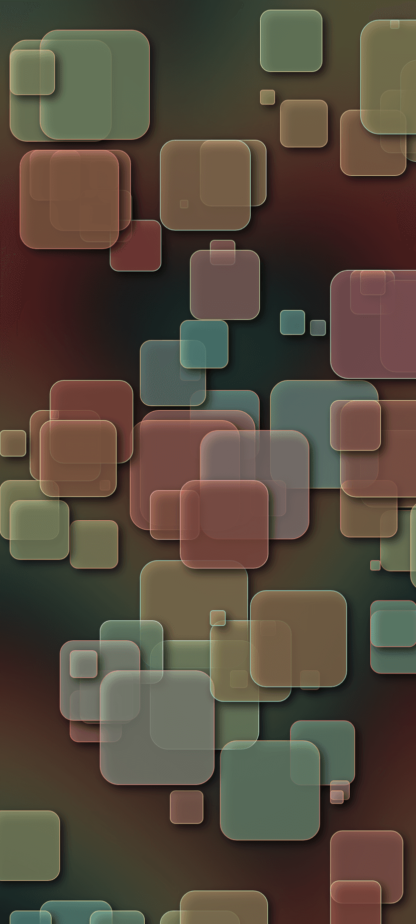 Overlapping rounded squares in muted earth tones sit against a dark gradient of deep red and teal colors.