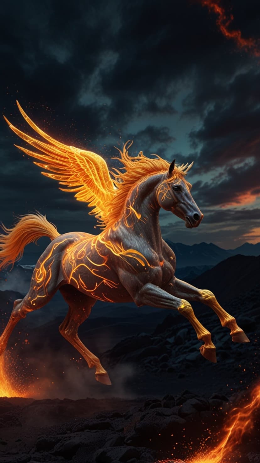 Pegasus with glowing orange fire wings gallops through a dark cloudy sky above jagged volcanic mountains.