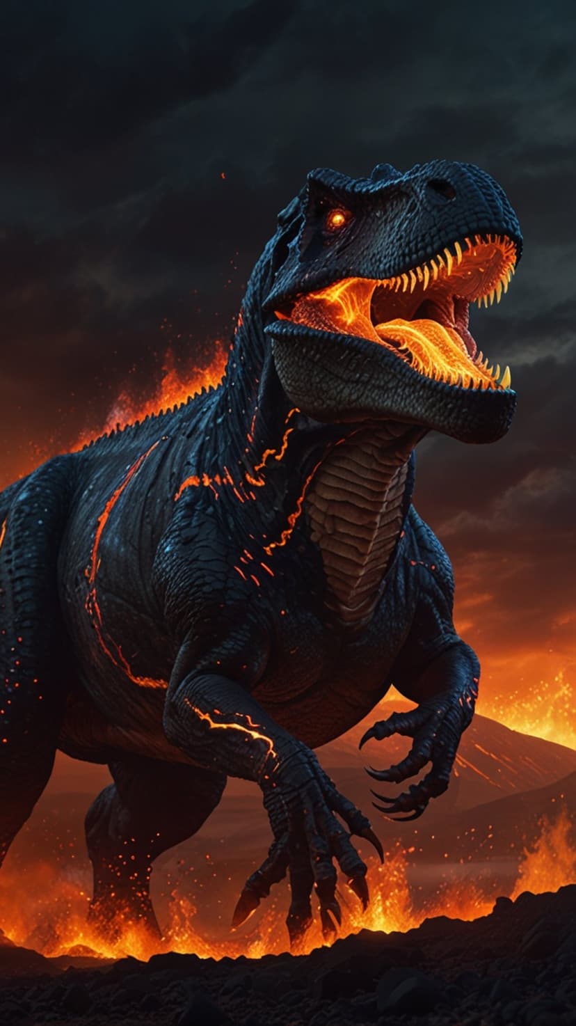 Tyrannosaurus Rex with glowing magma scales roars amidst fire and ash under a dark stormy sky in a prehistoric valley.