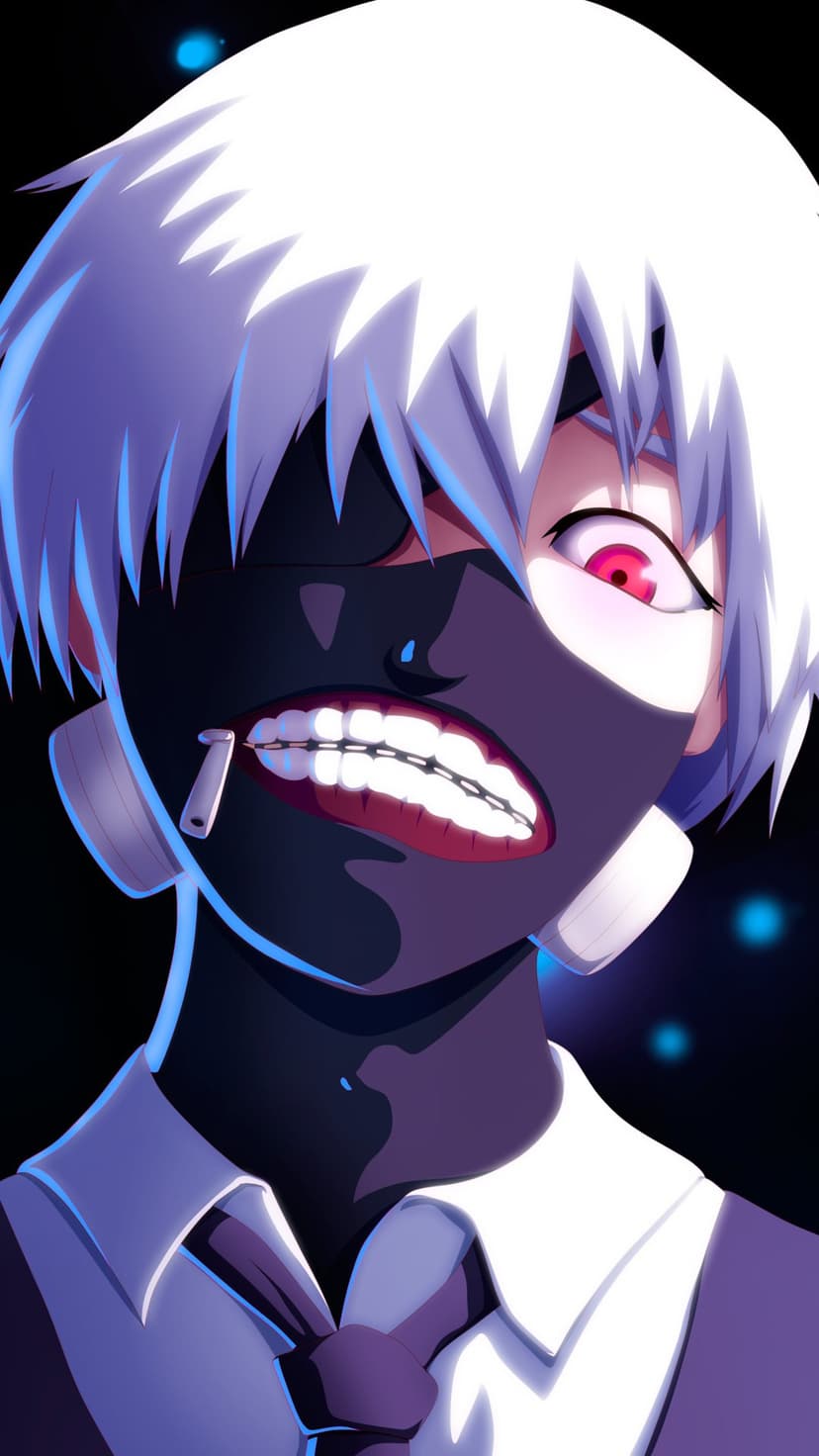 Ken Kaneki wears a black leather mask with an unzipped mouth and shows a single glowing red eye and white hair.