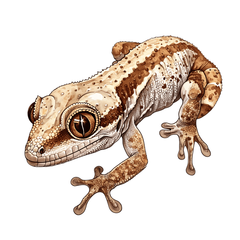 Crested gecko illustration features detailed orange scales and large eyes against a solid black background.