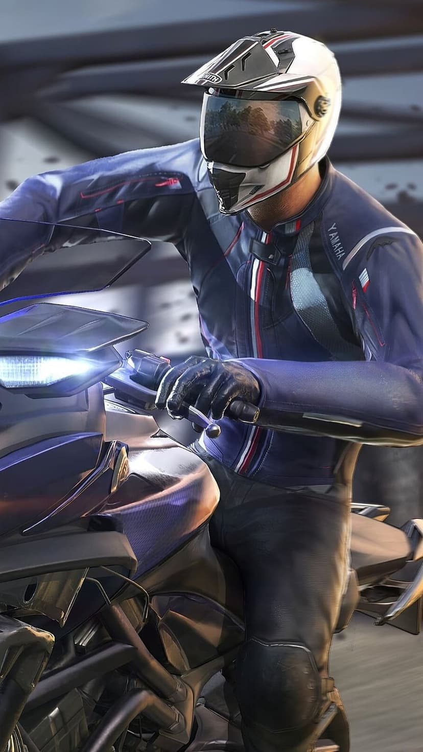 Motorcyclist in a blue Yamaha jacket and white helmet grips handlebars with an illuminated headlight visible.