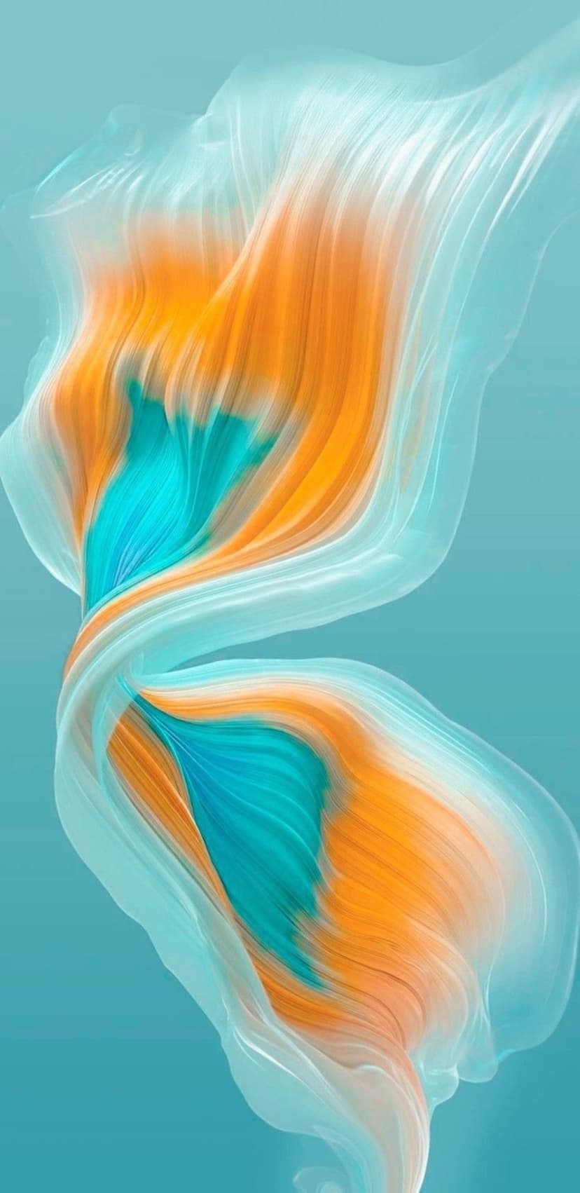 Orange and teal fluid ribbons swirl together against a light blue background in a vertical wavy motion pattern.