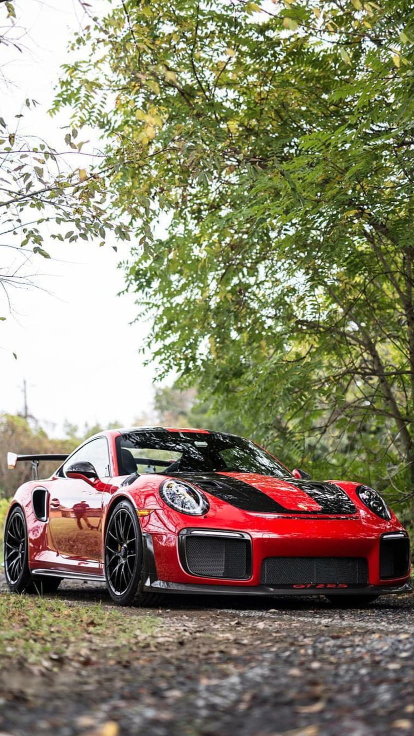 Red Porsche GT2 RS with black stripes parked on a gravel path surrounded by green forest trees and leafy foliage.