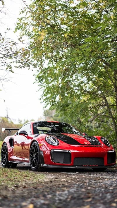 Red Porsche GT2 RS with Black Stripes parked in nature