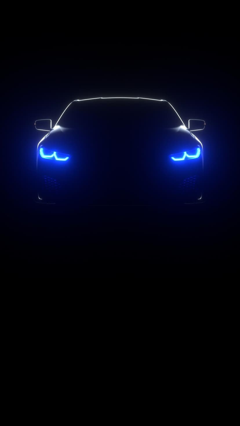 Futuristic car silhouette with sharp blue LED headlights glowing against a deep black atmospheric background.