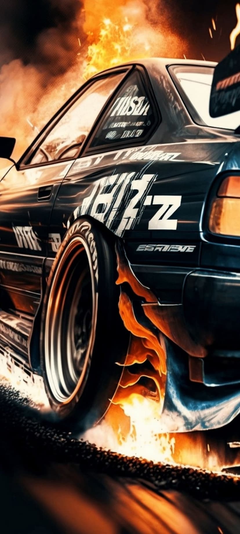 Dark drift car emitting bright orange flames from the exhaust and tires amidst swirling grey smoke clouds.