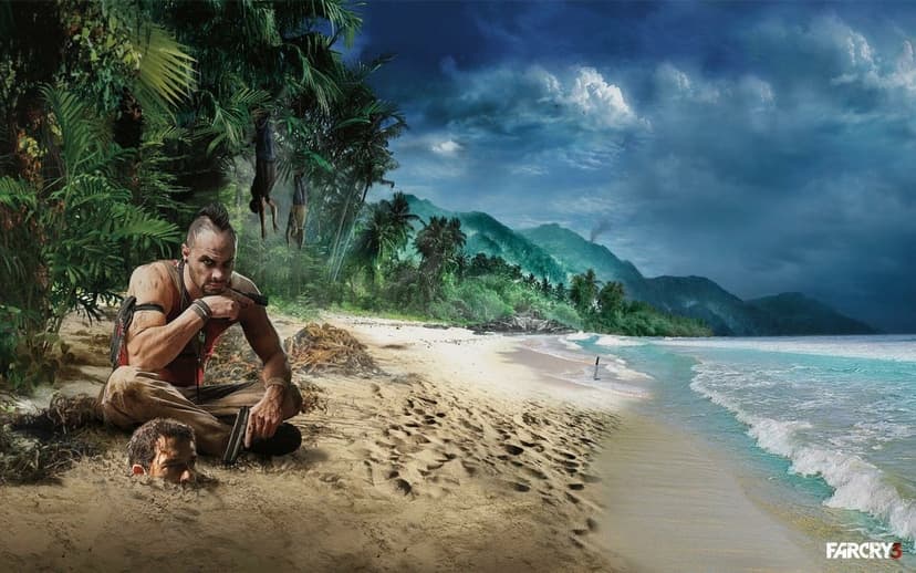 Vaas Montenegro sits on a beach by a buried head with hanging bodies, palm trees, and crashing ocean waves.