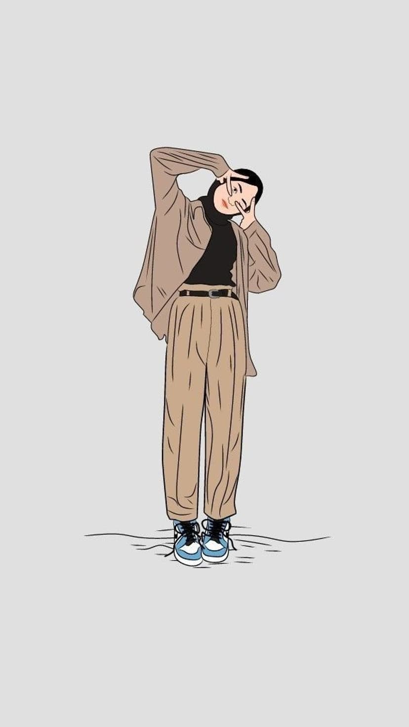 Woman wearing a black hijab, brown jacket, and blue sneakers strikes a playful pose on a light grey background.