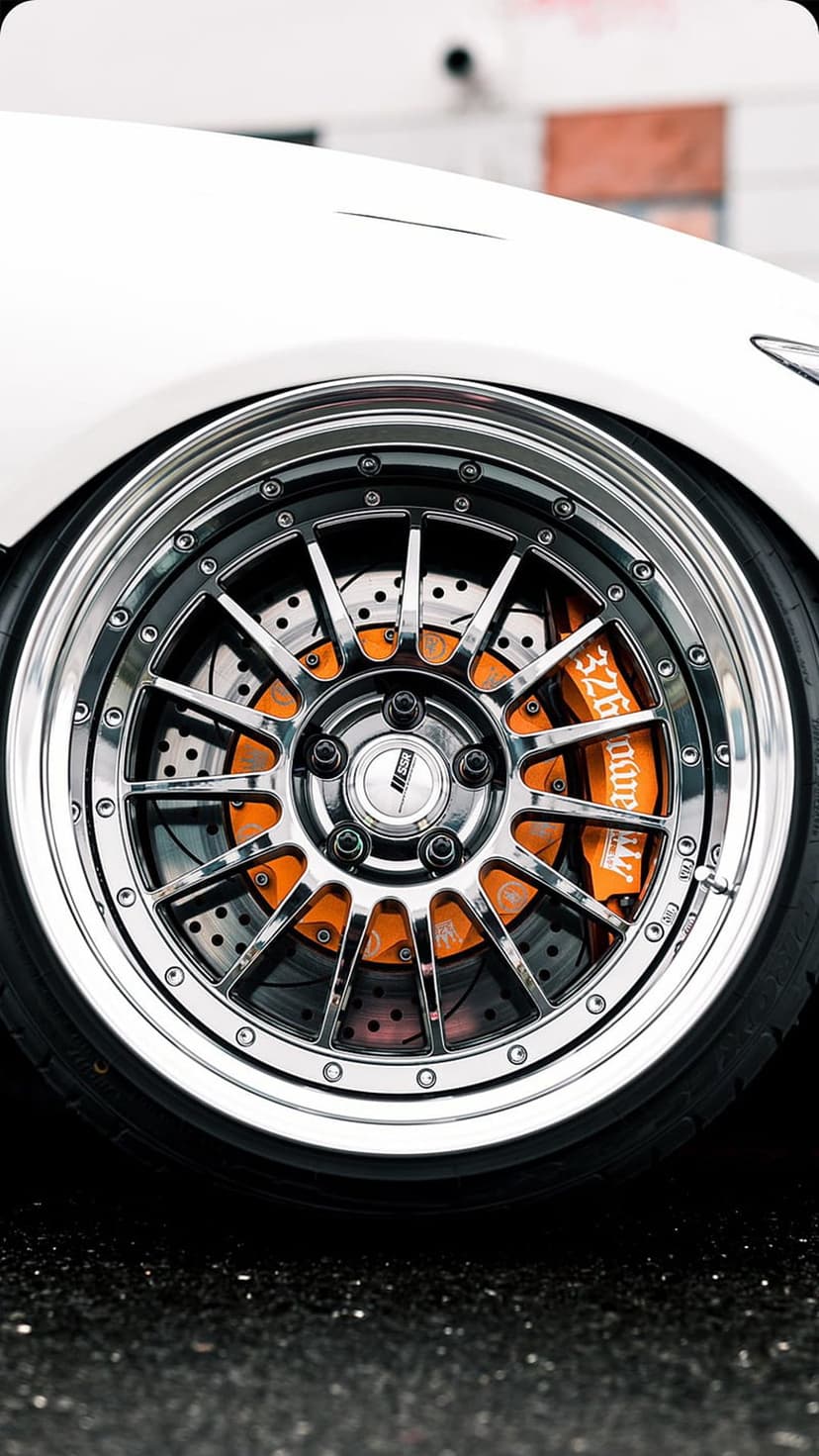 Orange brake caliper with 326 Power branding behind a polished chrome multi-spoke performance car wheel.
