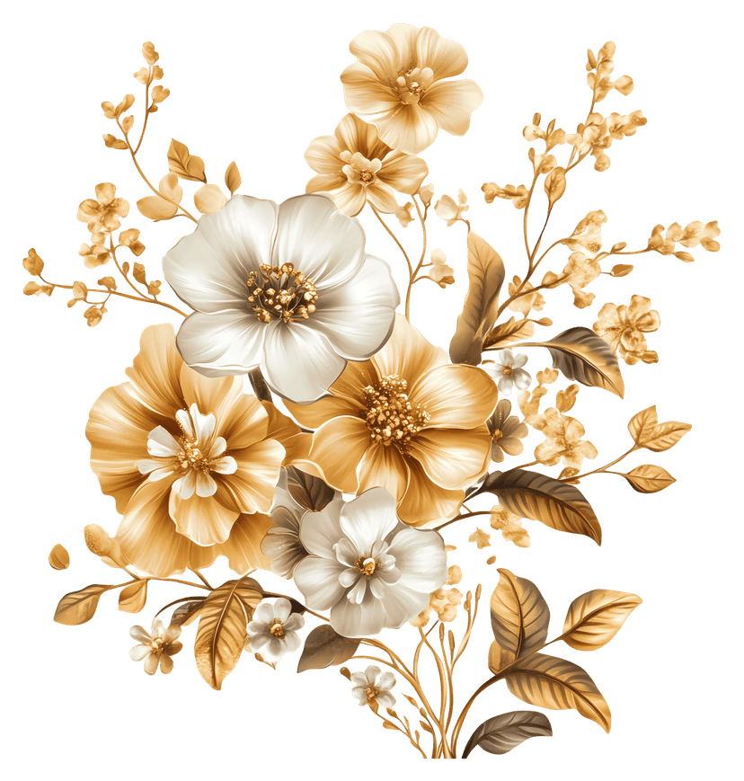 Gold leaf floral bouquet featuring white cream petals and metallic foliage over a transparent background.