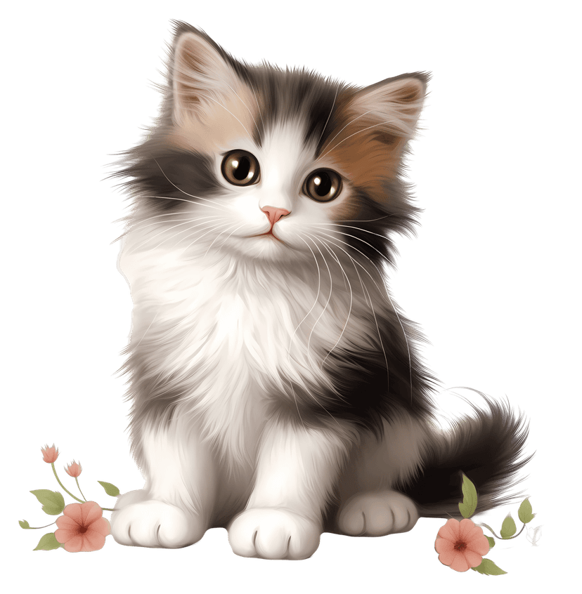 White kitten portrait among pink flowers features soft fur textures and a clean transparent background.
