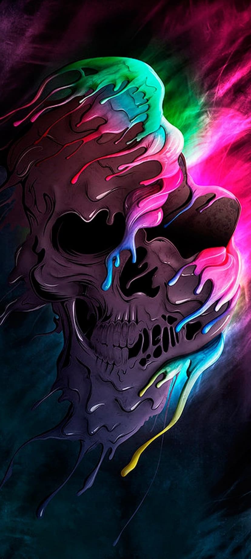 Human skull dripping with thick neon blue, pink, and green paint layers against a dark and shadowy background.