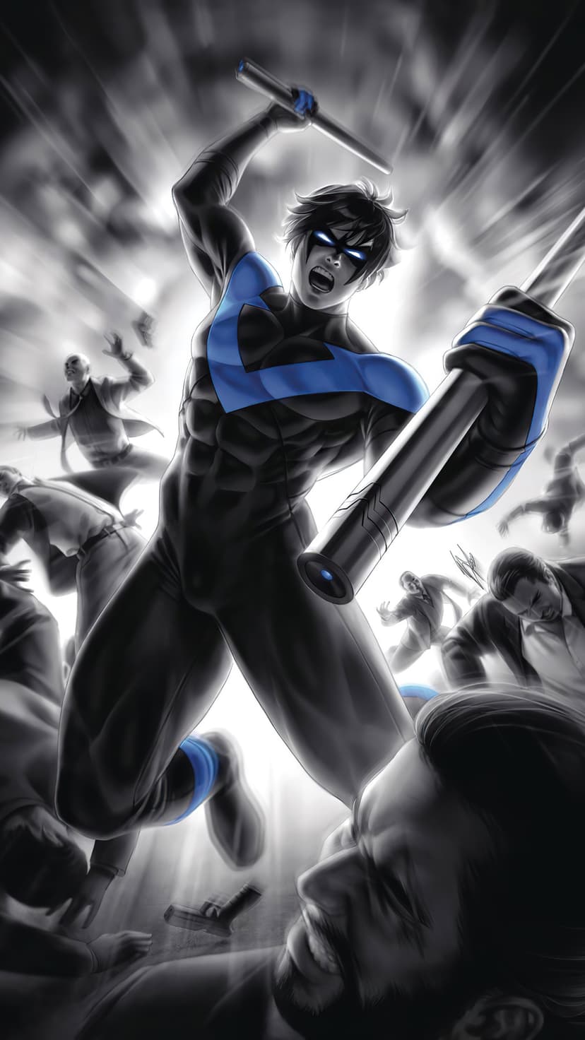 Nightwing leaps forward with glowing blue escrima sticks while fighting blurred men in suits in a dark city.