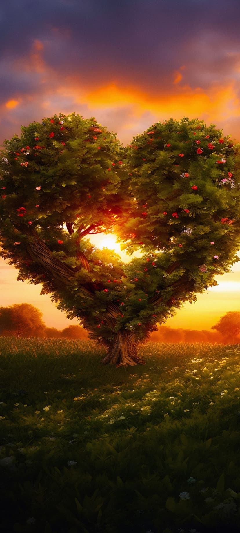 Heart-shaped tree standing in a flowery meadow during a vibrant orange and purple sunset with scattered clouds.