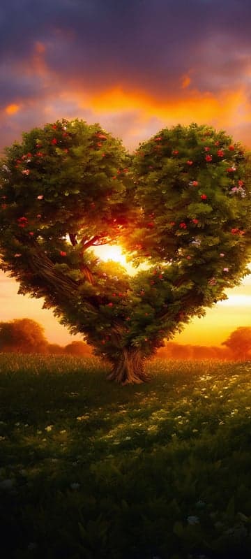 Heart-shaped tree bathed in golden sunset light