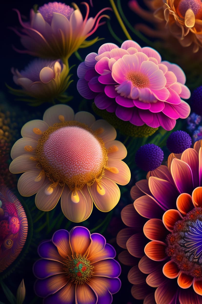 Layered petals in pink, orange, and purple hues glow with soft light against a dark, moody background.