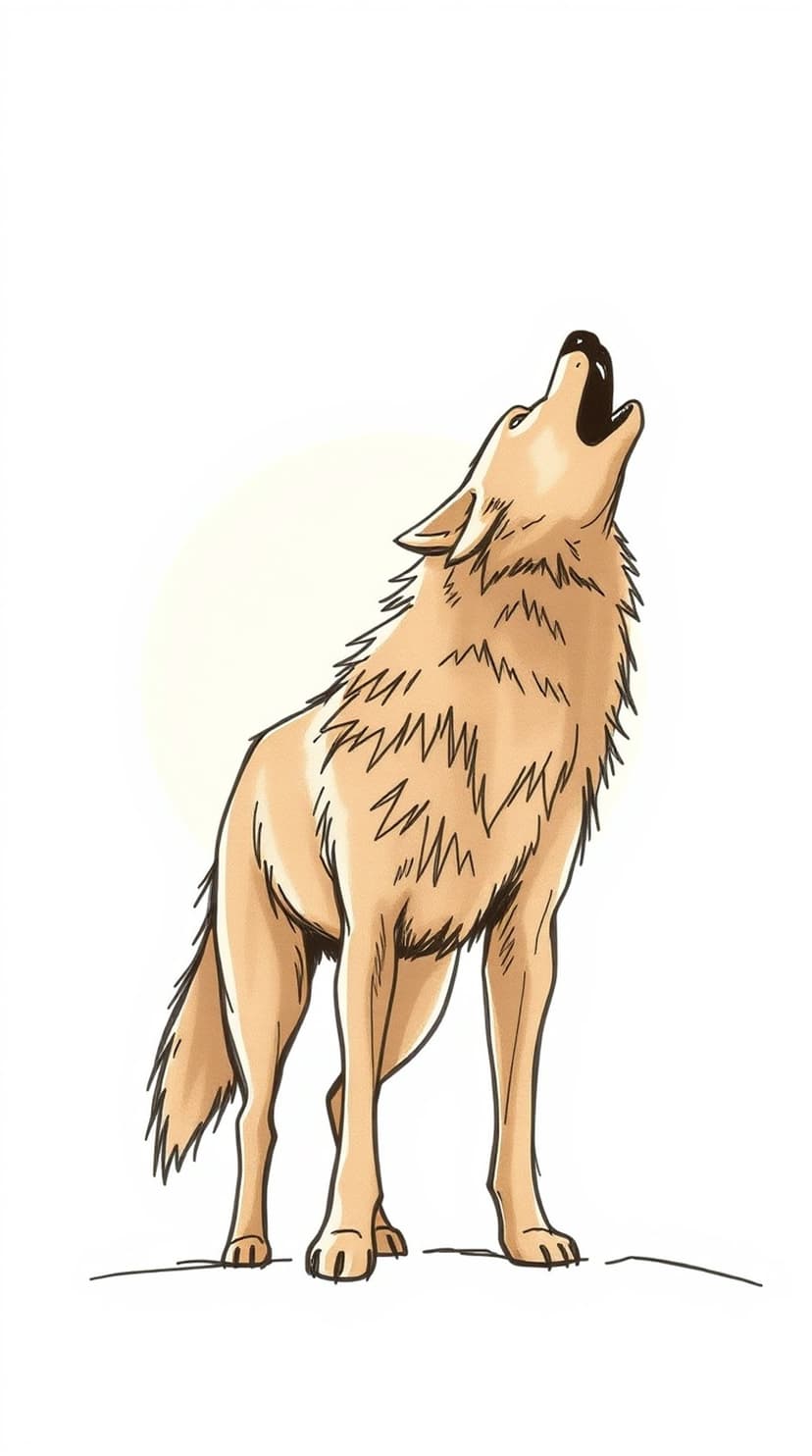 Wolf howling on a jagged rock under a pale moon, featuring sharp outlines and tan fur in the midnight sky.