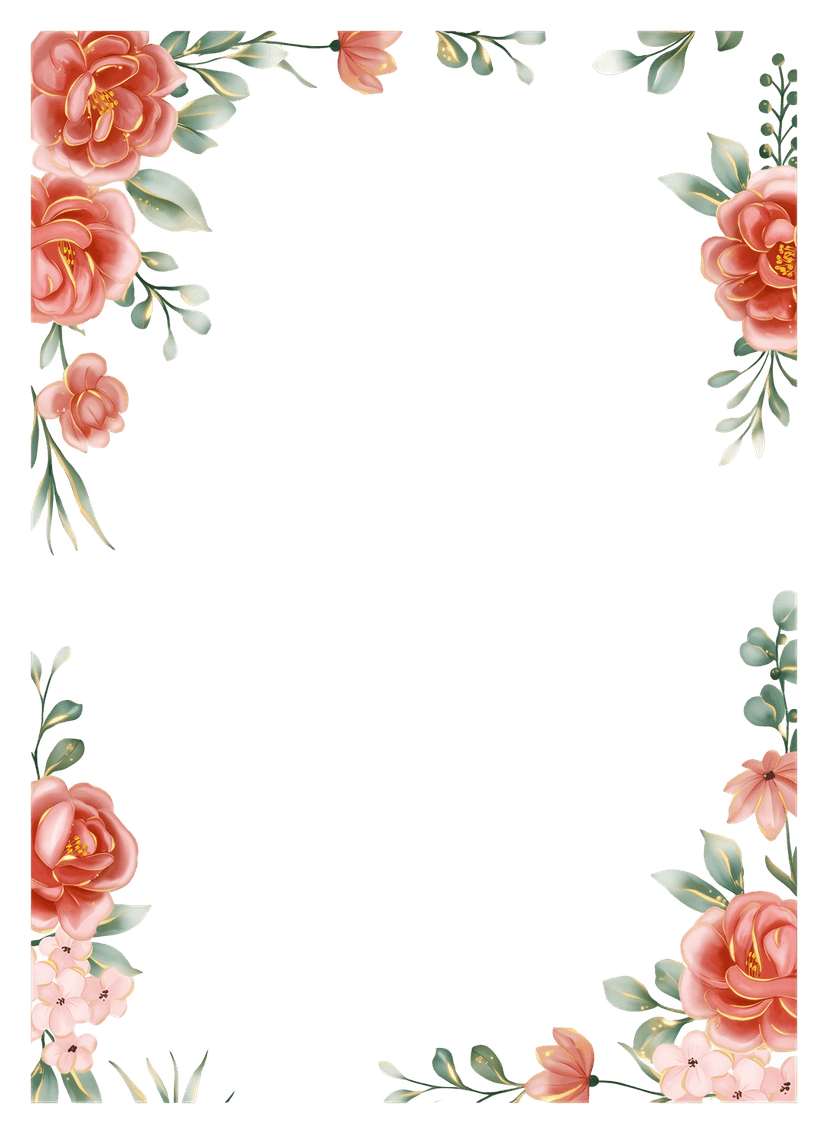 Watercolor rose floral border featuring pink blossoms and green leaves arranged in a rectangular frame layout.