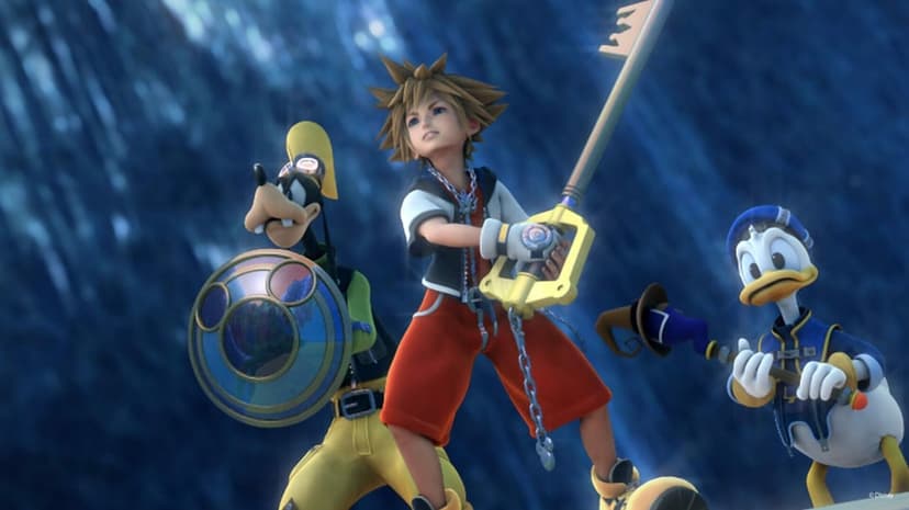 Sora holds a Keyblade alongside Donald and Goofy against a dark blue swirling background in a heroic battle pose.