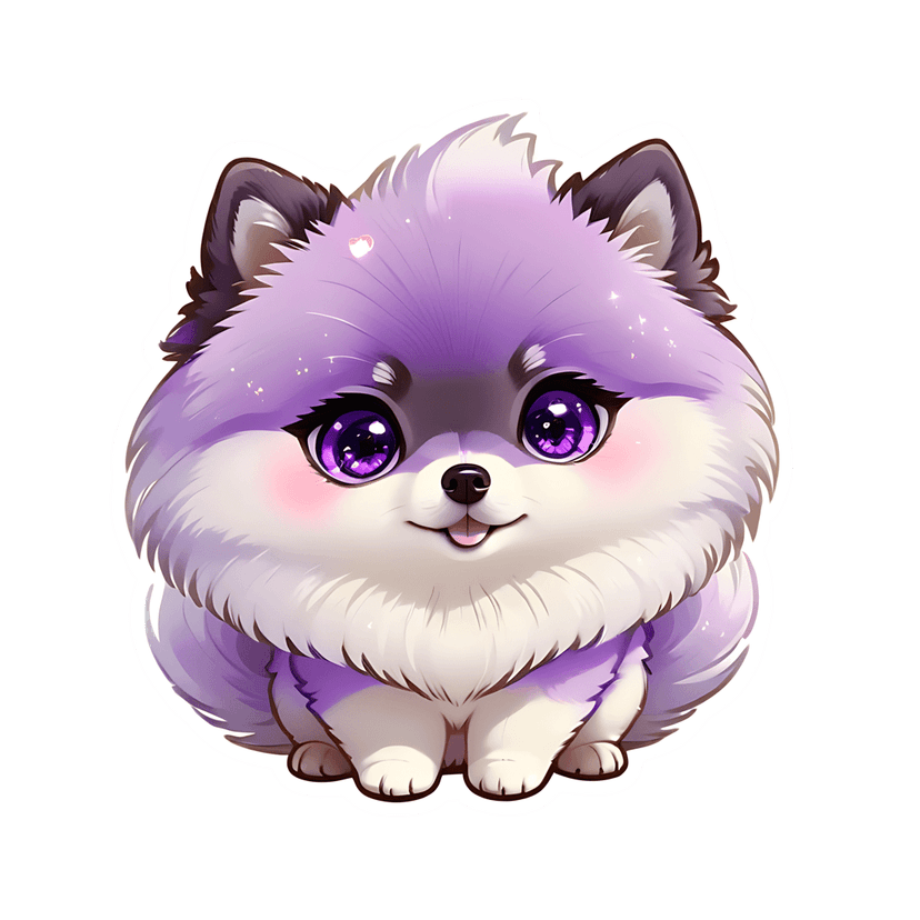 Purple chibi puppy clipart features glossy eyes with heart reflections and a white outline on a fluffy texture.