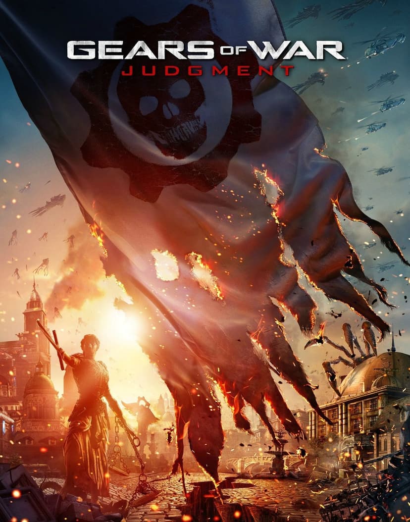 Burning Gears of War flag draped over a statue of justice in a war-torn city with aircraft in a fiery sky.
