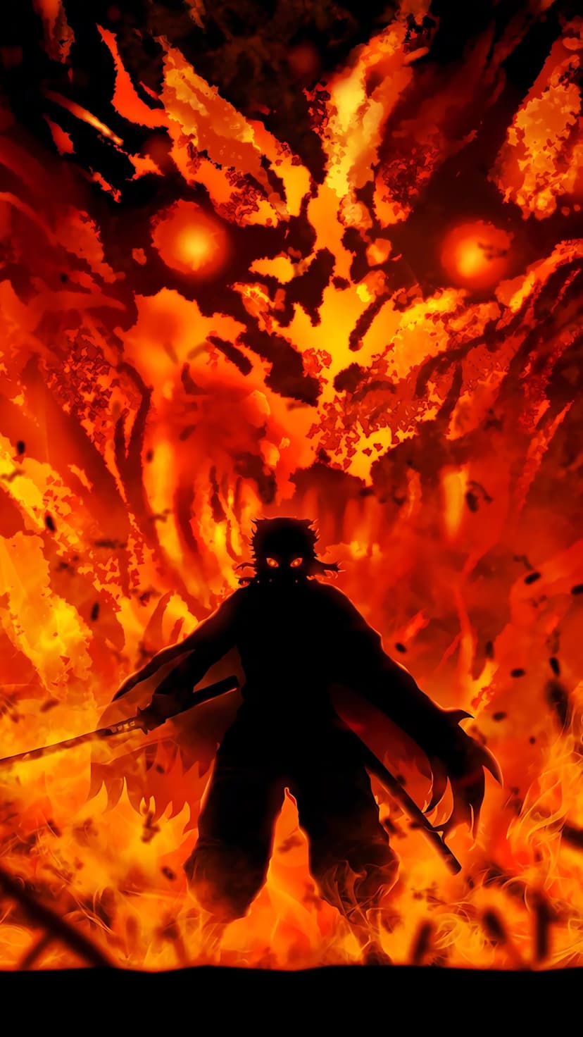 Kyojuro Rengoku silhouette with a katana stands before a giant flaming oni face with glowing yellow eyes.