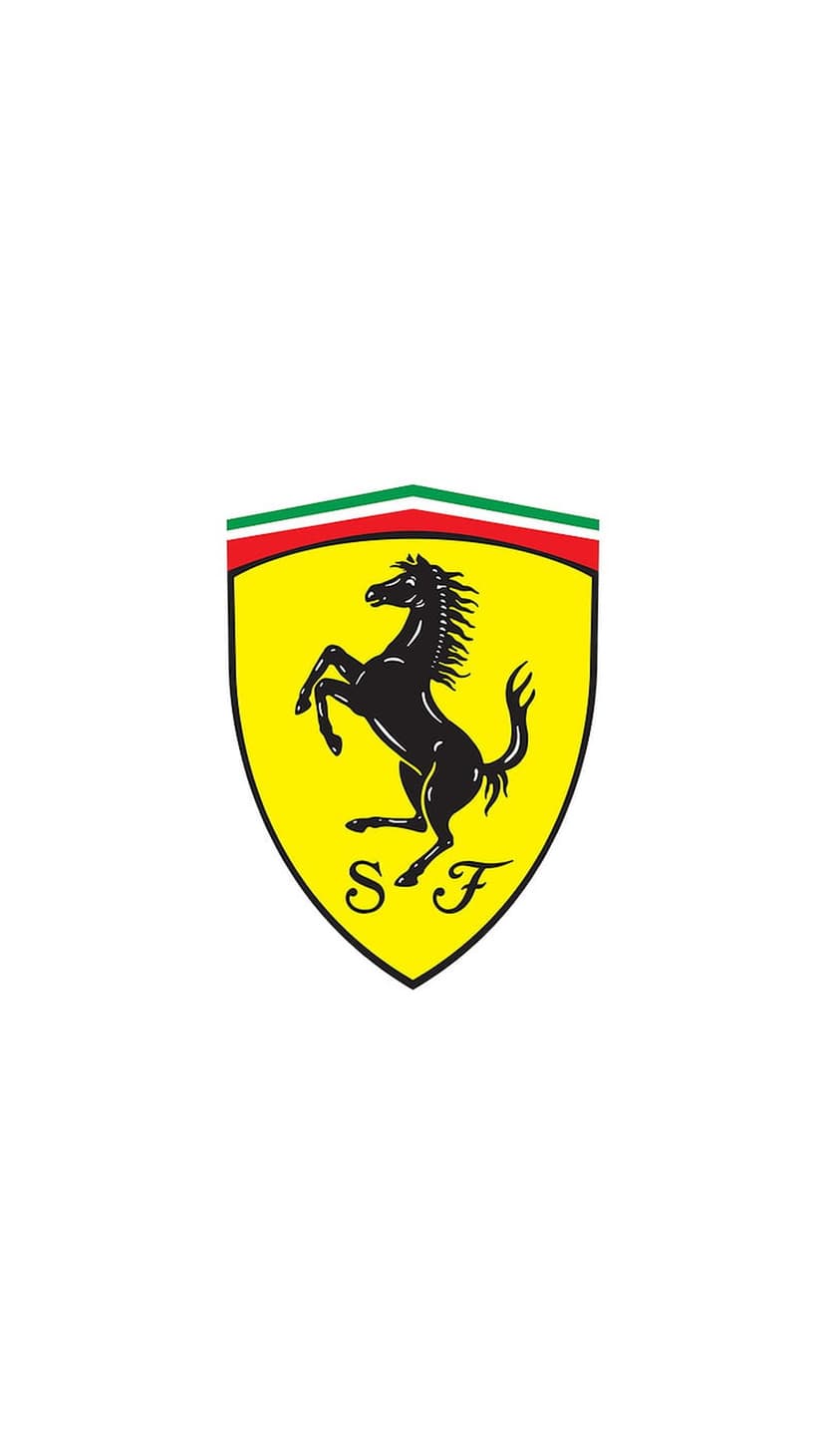 Black prancing horse on a yellow shield with Italian tricolor stripes and S.F. lettering on a vertical layout.