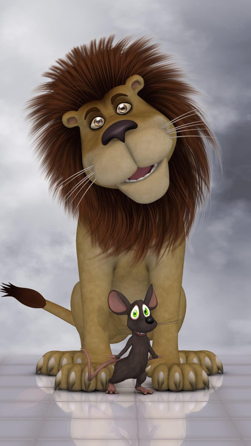 Lion with a golden mane sits beside a tiny mouse on a reflective floor against a soft blue sky with white clouds.
