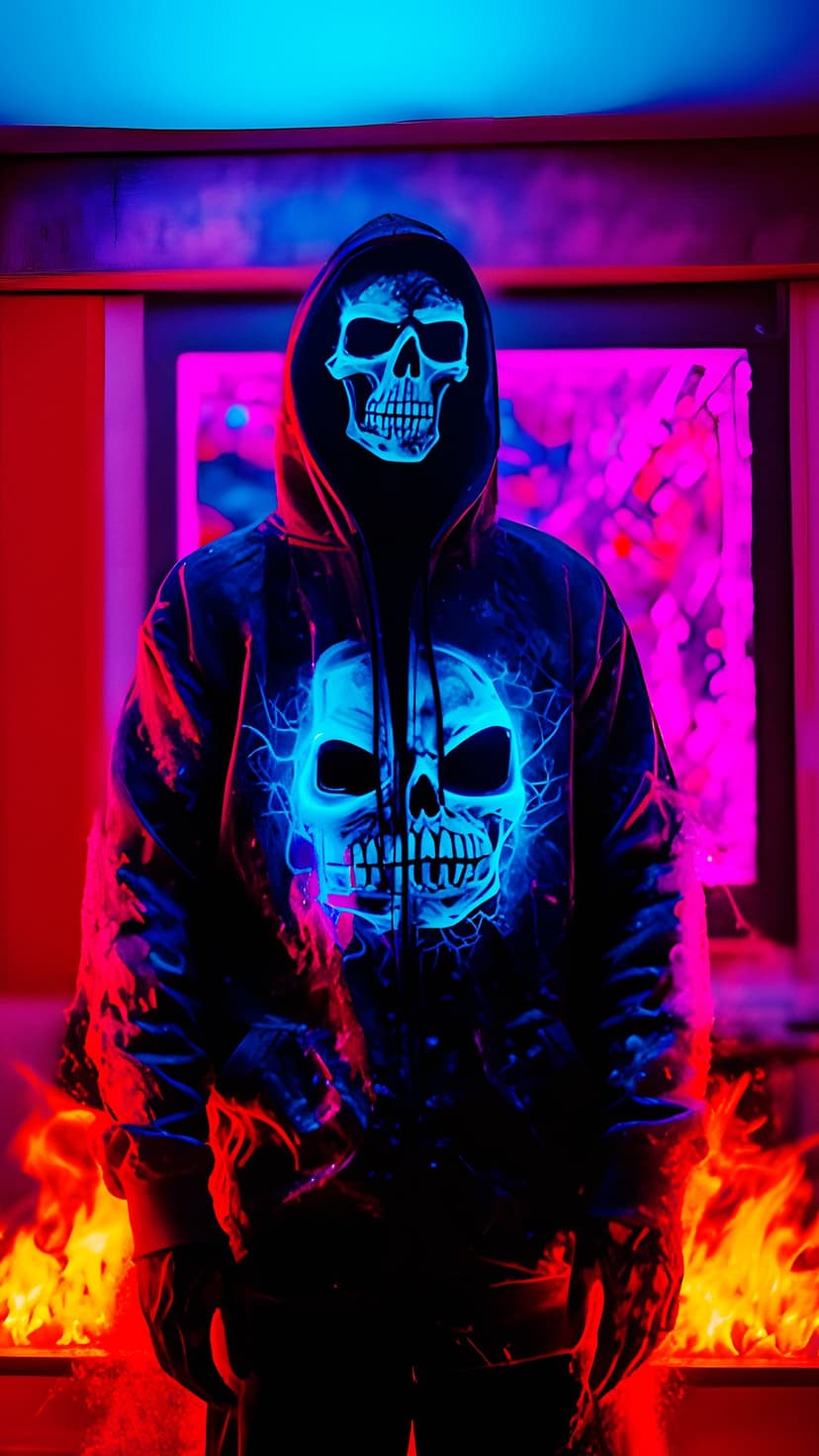 Person in a black hoodie wearing a blue neon skull mask with red lighting and orange flames in the foreground.