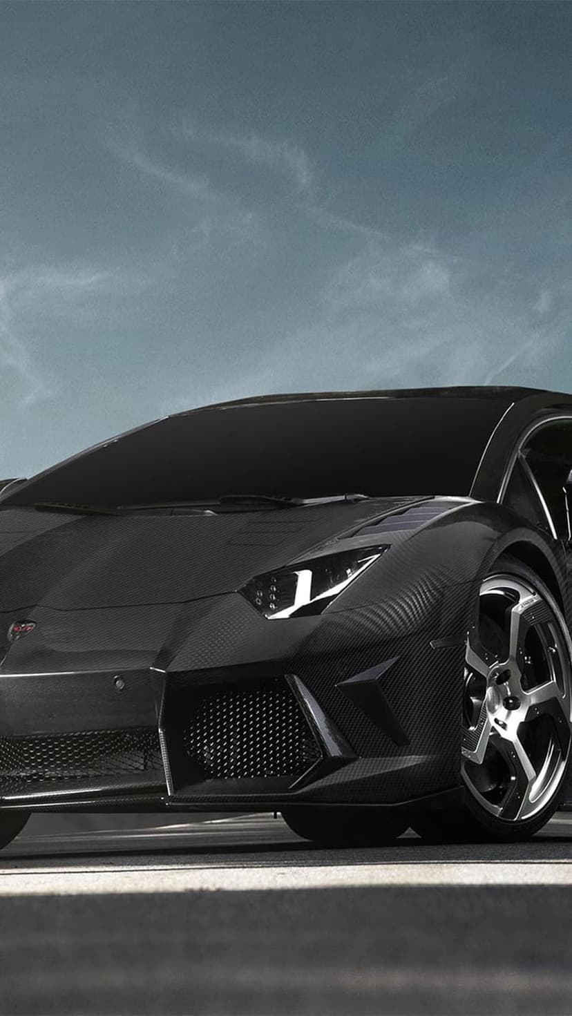 Lamborghini Aventador in matte black shows carbon fiber textures and sleek headlights under a soft cloudy sky.