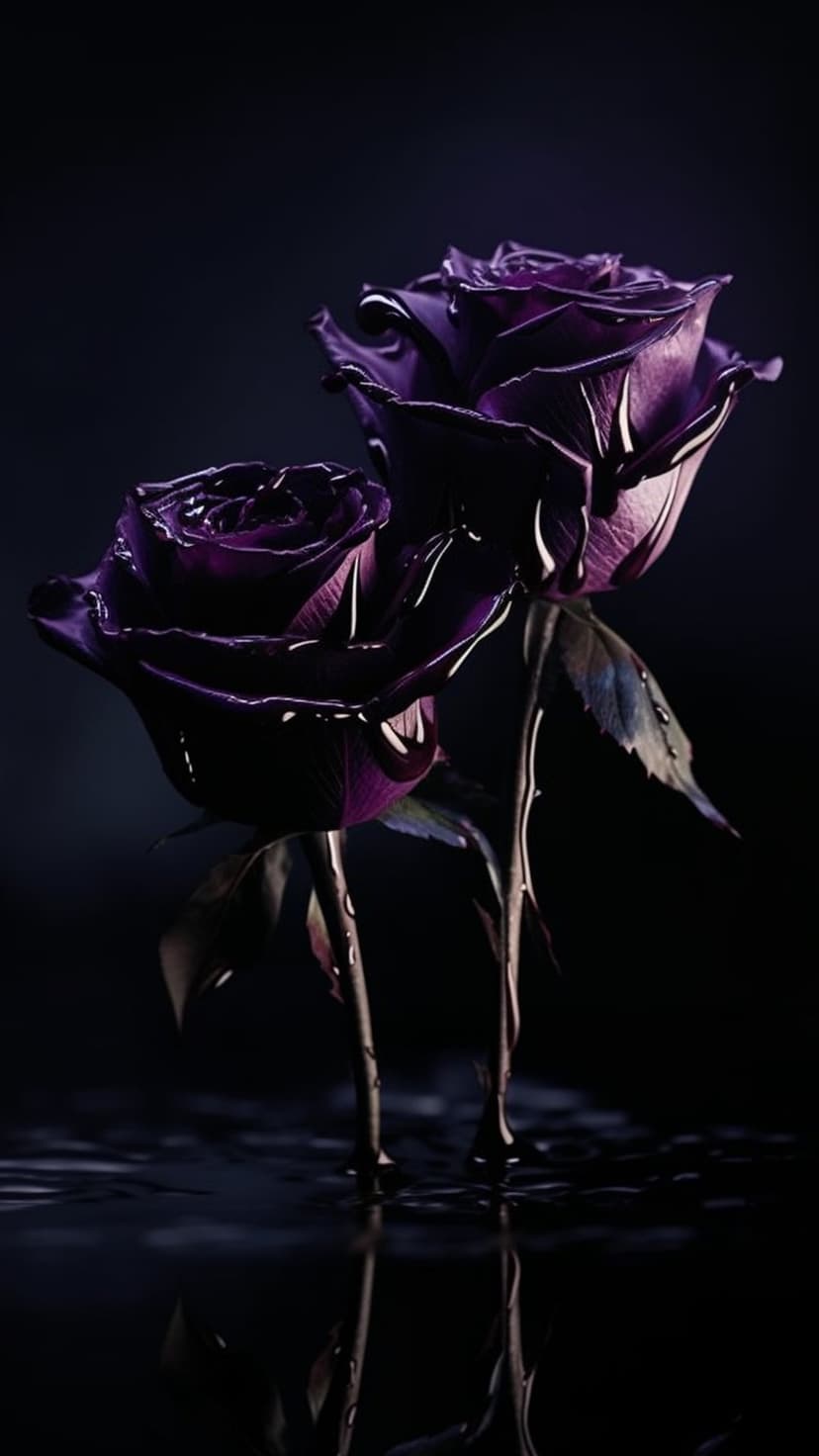 Two dark purple roses covered in clear water droplets against a black background with soft moody lighting.