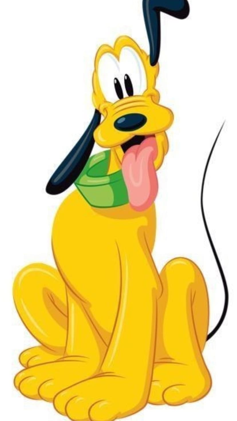 Pluto sits with a long pink tongue hanging out, wearing a green collar and showing his long black ears.