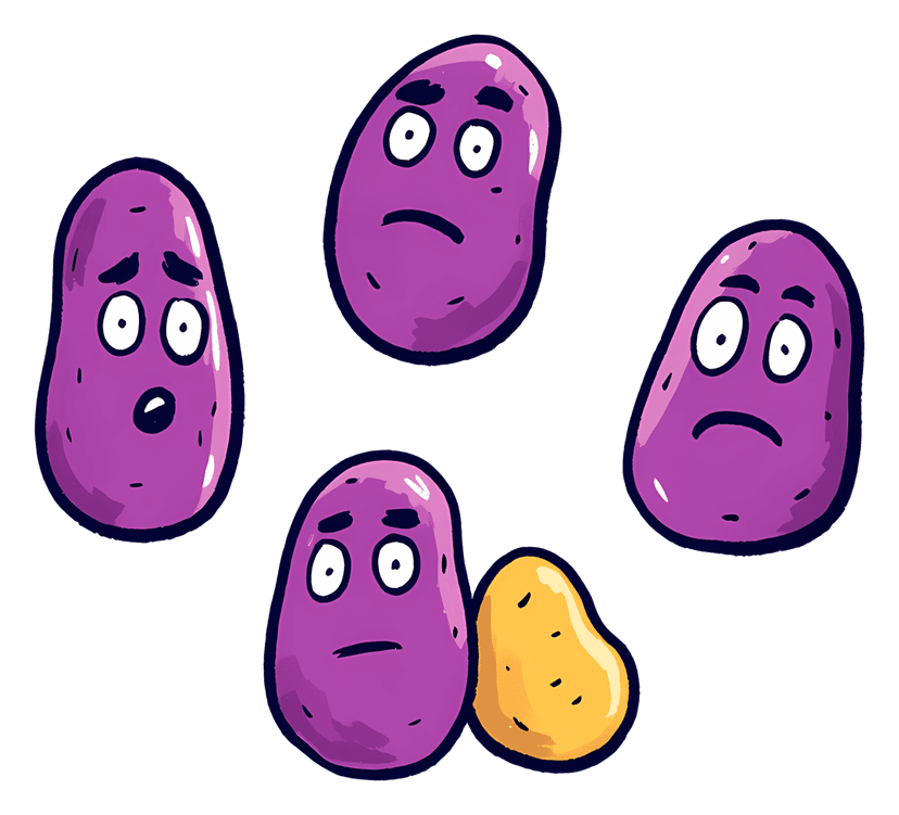 Purple bean cartoon characters feature diverse facial expressions in a flat vector style with bold outlines.