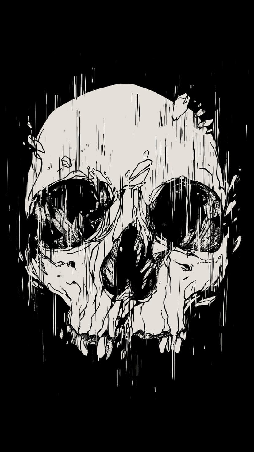 Distressed human skull face features vertical white streaks and heavy shadows against a solid black backdrop.