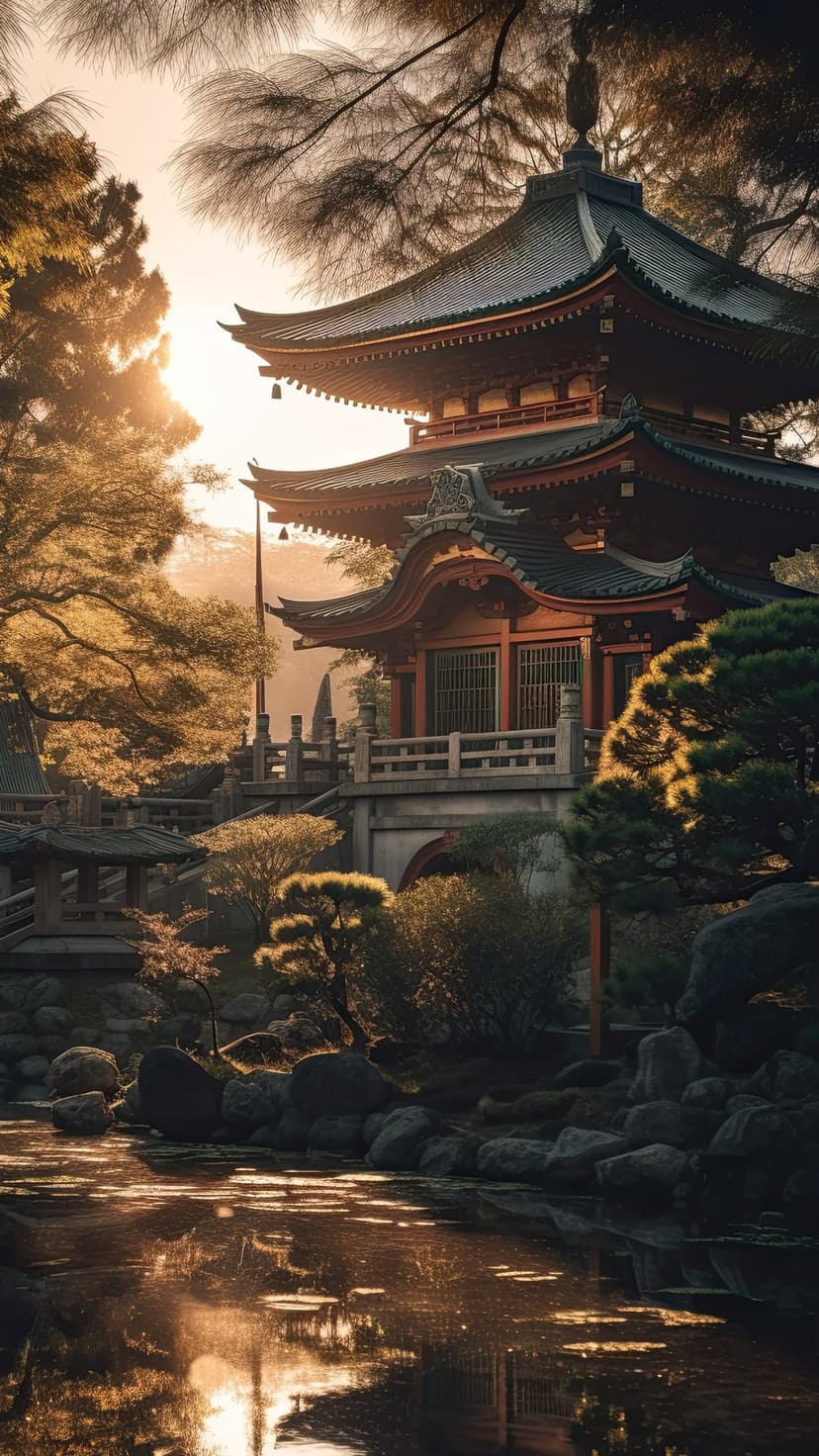 Tiered Japanese pagoda beside a still pond and bonsai trees during a vibrant golden hour sunset glow.
