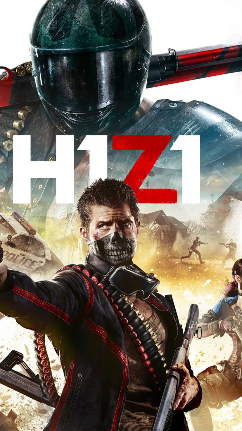 Survivor with skull mask and shotgun bandolier against an explosive battle royale scene and armored figure.