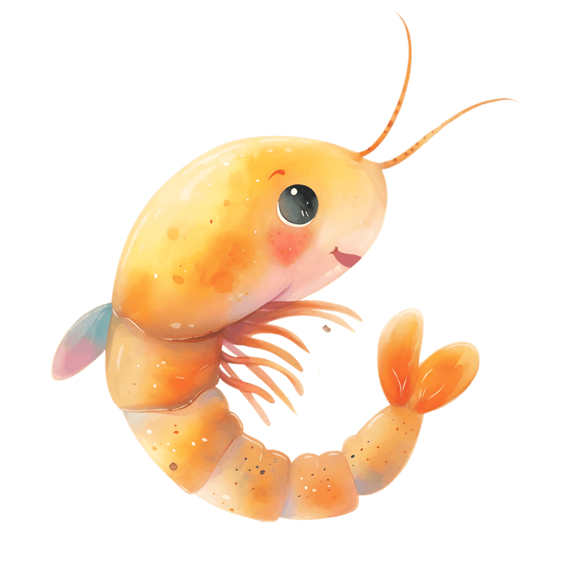Orange cartoon shrimp watercolor illustration featuring a pink tail and speckled texture on a clear background.