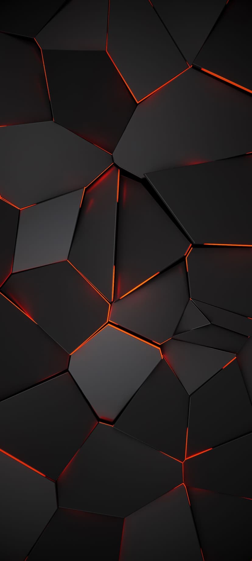 Jagged black polygonal fragments emit a fiery orange glow through narrow fissures in a dark textured background.