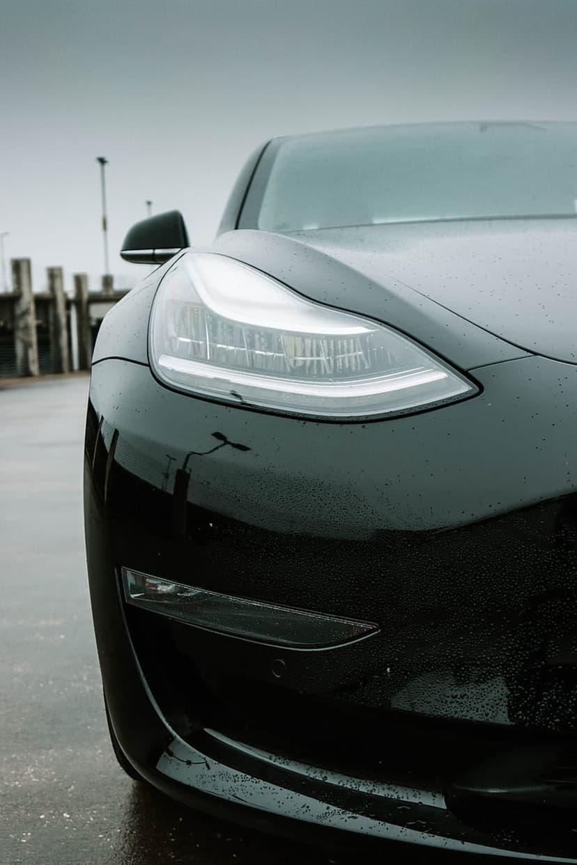 Tesla Model 3 LED headlight with fresh raindrops on black paint during an overcast day at a dockside.