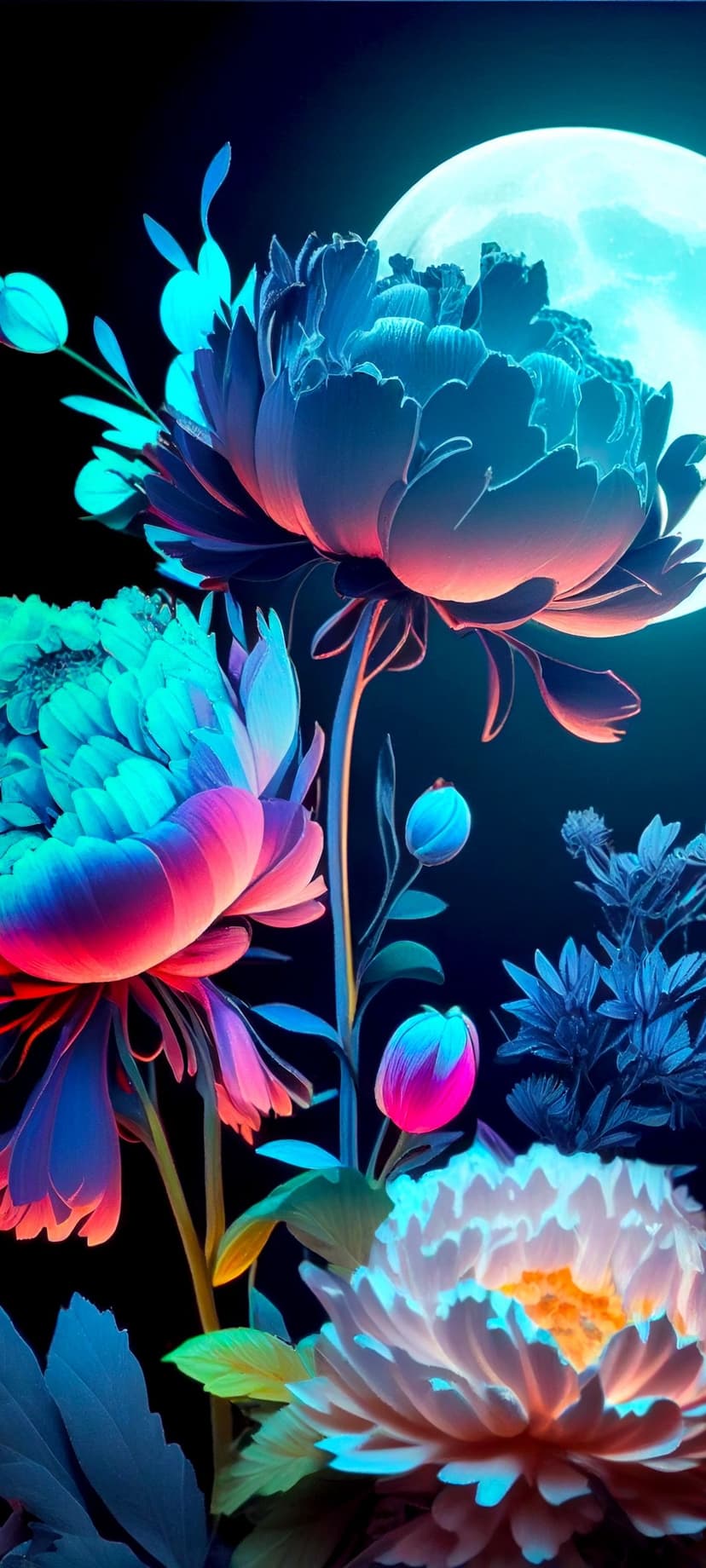 Glowing blue and pink flowers cluster beneath a large white full moon against a dark, starry night sky.