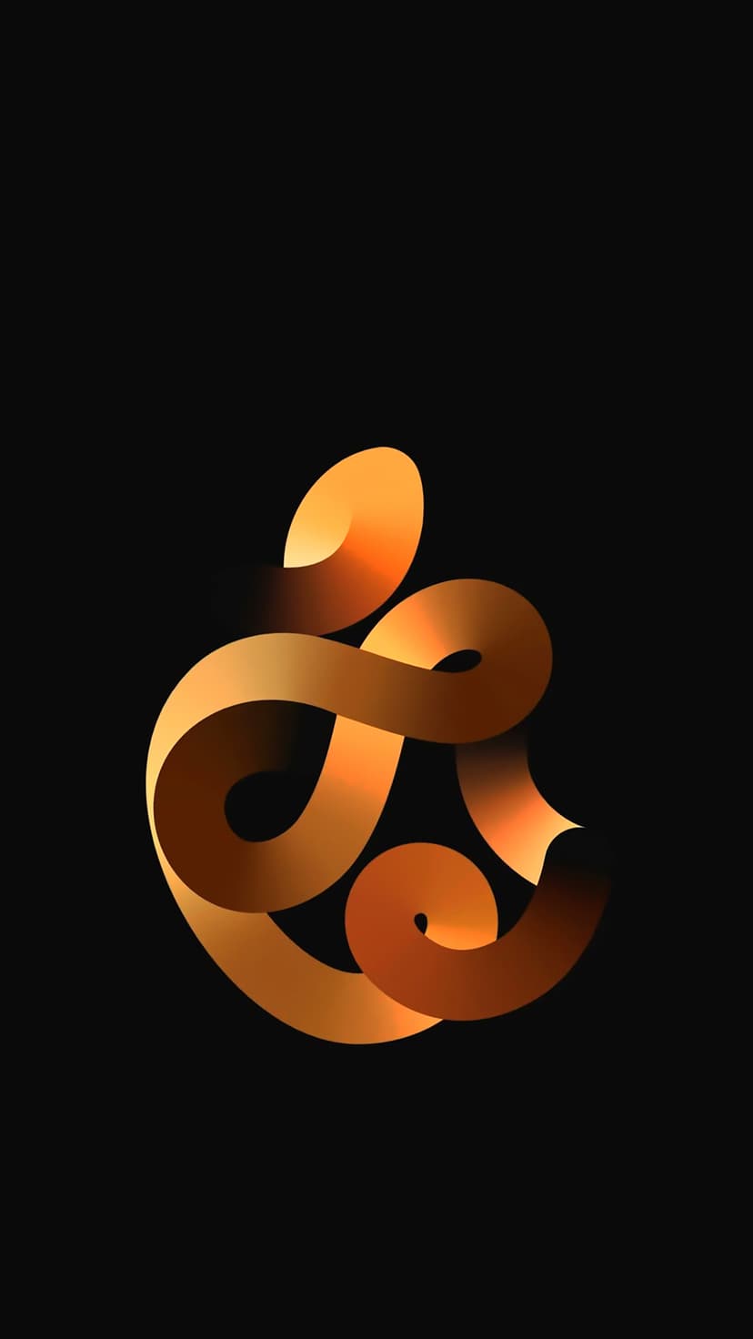 Apple logo shaped from a twisting golden ribbon with metallic reflections against a solid black background.