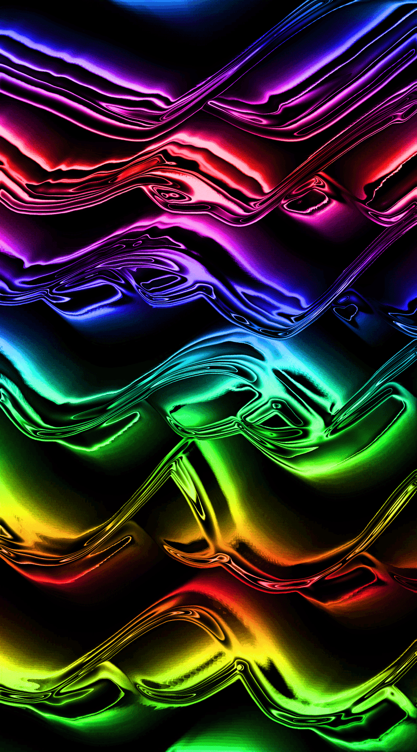 Iridescent multi-colored ribbons curve gracefully with a metallic sheen against a textured black background.