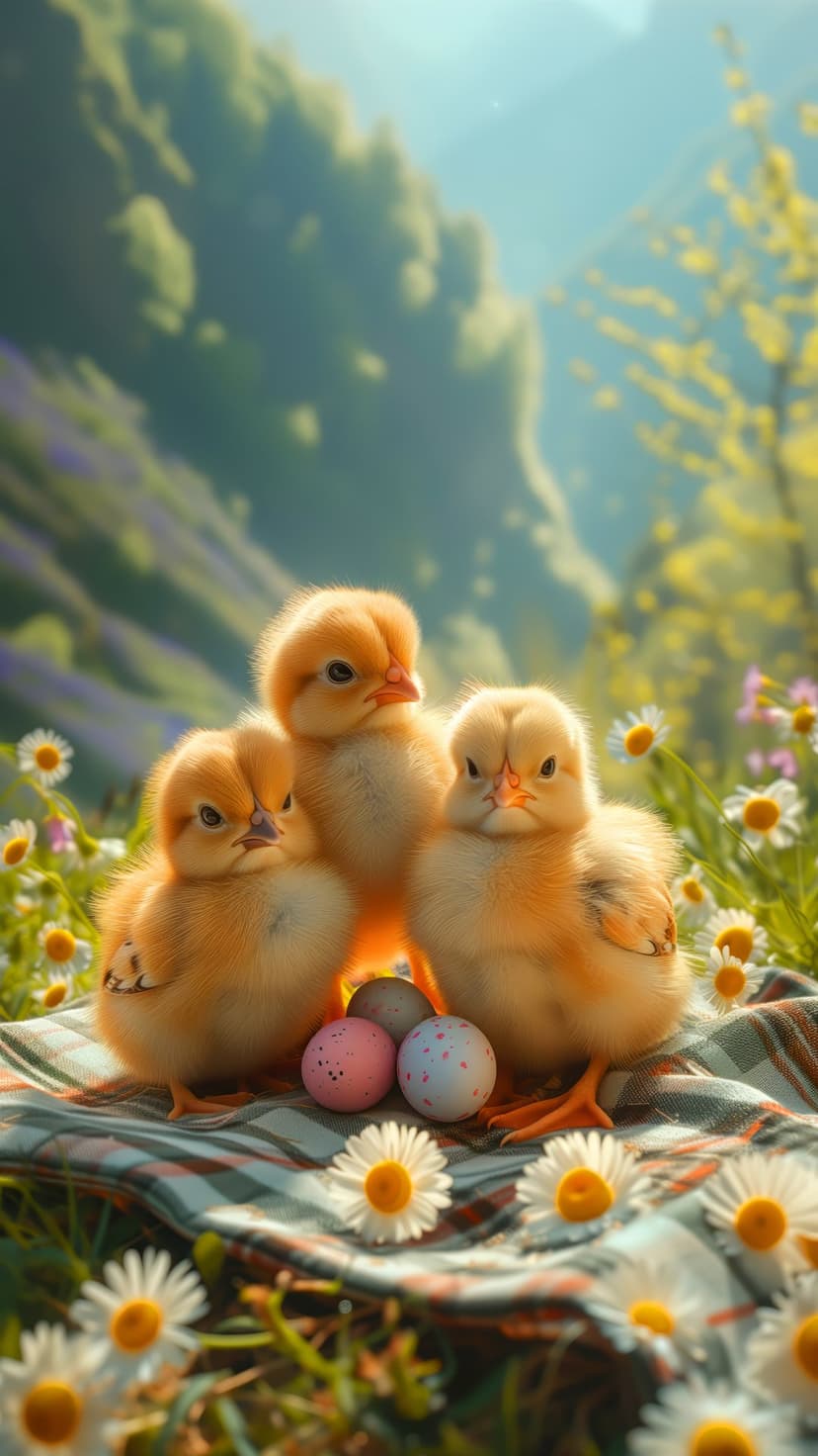 Three yellow fluffy chicks sit on a checkered blanket next to colorful Easter eggs in a sunny daisy field.