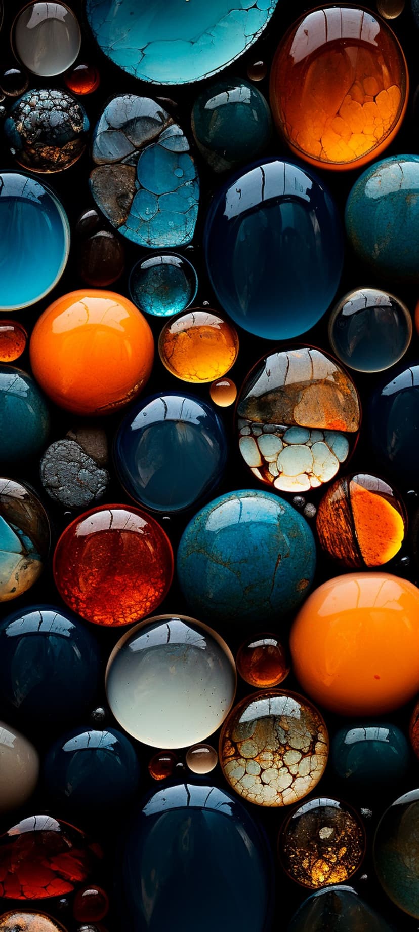 Colorful glass spheres and cracked marble stones glow with reflected light against a dark vertical background.