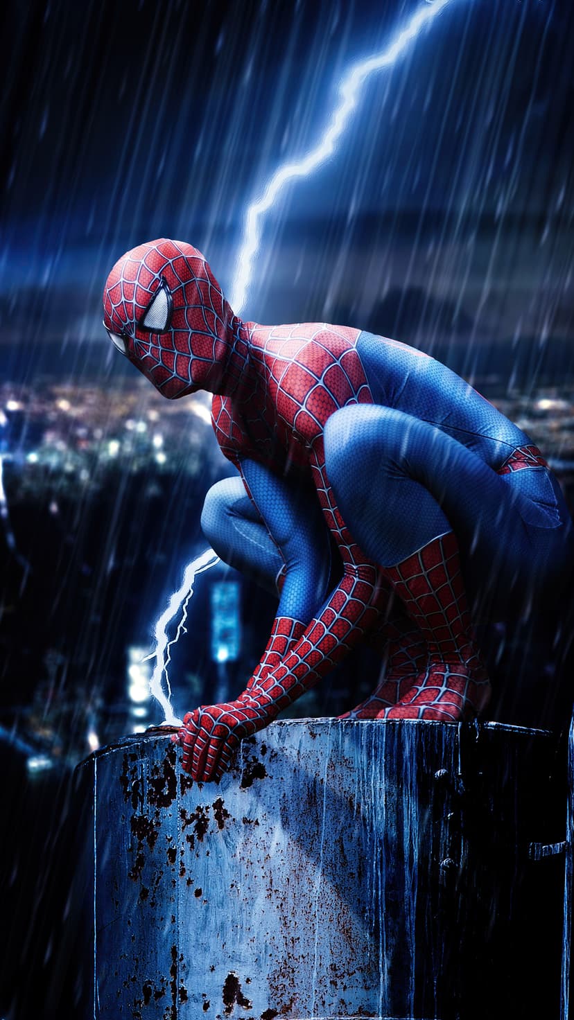 Spider-Man in a red and blue suit crouches on a wet rooftop as blue lightning strikes the dark stormy sky.