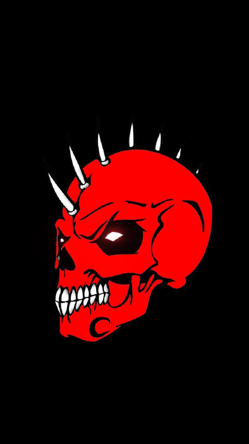 Red skull with protruding white spikes and glowing eyes against a black background, showcasing bared sharp teeth.