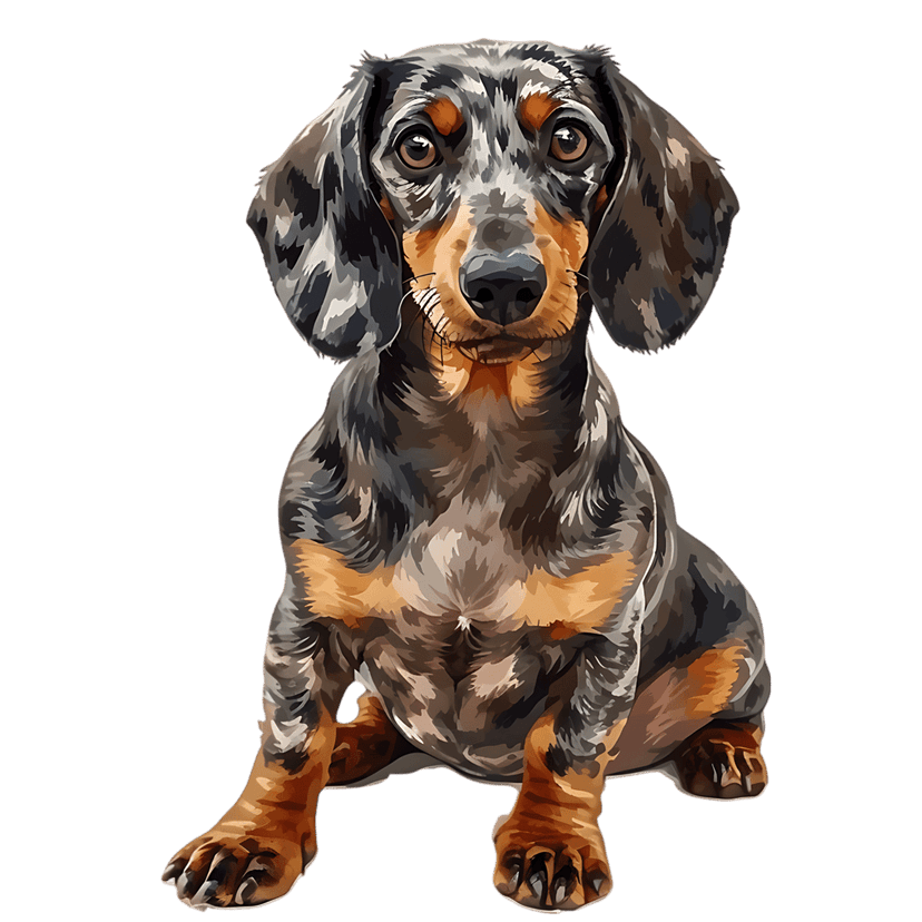 Dachshund dog illustration showing a dapple coat pattern and floppy ears sitting against a black background.